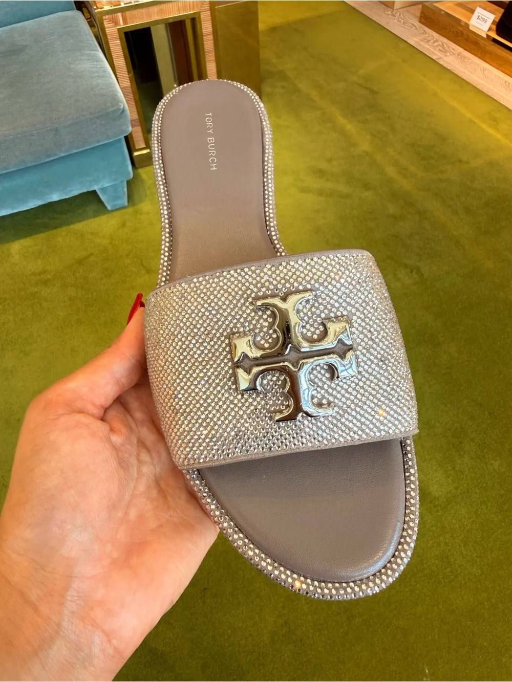 $375‎ Tory Burch Everly Rhinestone Slide Sandals, Dark Clay / Silver, RUNS SMALL